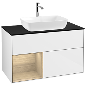 Villeroy und Boch Finion Waschtischunterschrank G772PCGF 100cm, Abdeckplatte black matt, Emotion, Regale Oak Veneer, Glossy white lacquer