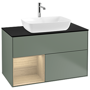 Villeroy und Boch Finion Waschtischunterschrank G772PCGM 100cm, Abdeckplatte black matt, Emotion, Regale Oak Veneer, Olive Matt Lacquer