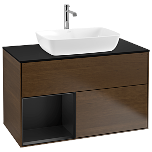 Villeroy und Boch Finion Waschtischunterschrank G772PDGN 100cm, Abdeckplatte black matt, Emotion, Regale Black matt lacquer, Walnut veneer