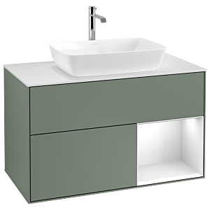 Villeroy und Boch Finion Waschtischunterschrank G781GFGM 100cm, Abdeckplatte white matt, Emotion, Regale Glossy white lacquer, Olive Matt Lacquer