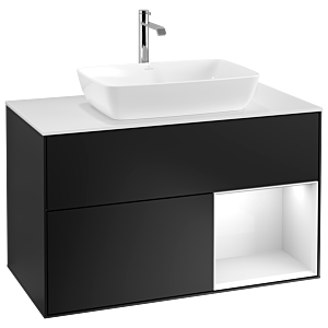 Villeroy und Boch Finion Waschtischunterschrank G781GFPD 100cm, Abdeckplatte white matt, Emotion, Regale Glossy white lacquer, Black matt lacquer