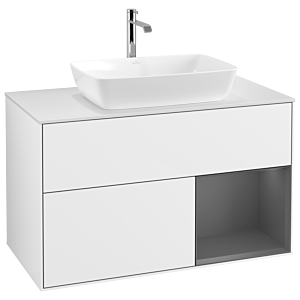 Villeroy et Boch Finion Villeroy et Boch G781GKGF 100cm, plaque de finition blanc mat, Emotion, étagères laqué anthracite mat, laqué blanc brillant