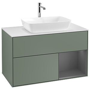Villeroy und Boch Finion Waschtischunterschrank G781GKGM 100cm, Abdeckplatte white matt, Emotion, Regale Anthracite matt lacquer, Olive Matt Lacquer