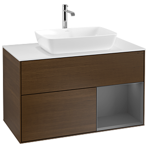 Villeroy und Boch Finion Waschtischunterschrank G781GKGN 100cm, Abdeckplatte white matt, Emotion, Regale Anthracite matt lacquer, Walnut veneer