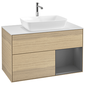 Villeroy und Boch Finion Waschtischunterschrank G781GKPC 100cm, Abdeckplatte white matt, Emotion, Regale Anthracite matt lacquer, Oak Veneer