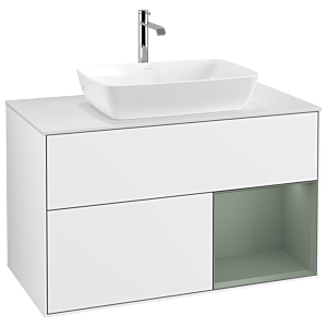 Villeroy und Boch Finion Waschtischunterschrank G781GMGF 100cm, Abdeckplatte white matt, Emotion, Regale Olive matt lacquer, Glossy white lacquer