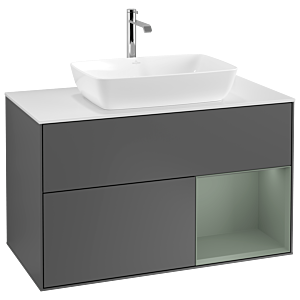 Villeroy und Boch Finion Waschtischunterschrank G781GMGK 100cm, Abdeckplatte white matt, Emotion, Regale Olive matt lacquer, Anthracite matt