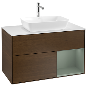 Villeroy und Boch Finion Waschtischunterschrank G781GMGN 100cm, Abdeckplatte white matt, Emotion, Regale Olive matt lacquer, Walnut veneer