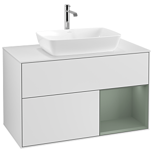Villeroy und Boch Finion Waschtischunterschrank G781GMMT 100cm, Abdeckplatte white matt, Emotion, Regale Olive matt lacquer, White matt lacquer