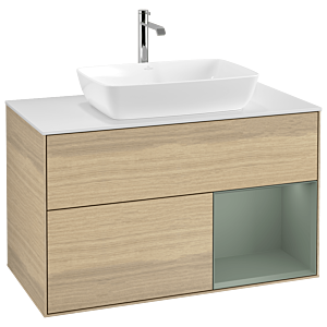 Villeroy und Boch Finion Waschtischunterschrank G781GMPC 100cm, Abdeckplatte white matt, Emotion, Regale Olive matt lacquer, Oak Veneer
