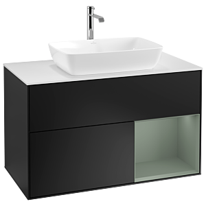 Villeroy und Boch Finion Waschtischunterschrank G781GMPD 100cm, Abdeckplatte white matt, Emotion, Regale Olive matt lacquer, Black matt lacquer