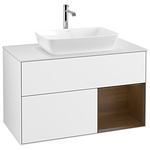 Villeroy und Boch Finion Waschtischunterschrank G781GNGF 100cm, Abdeckplatte white matt, Emotion, Regale Walnut Veneer, Glossy white lacquer
