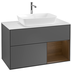 Villeroy und Boch Finion Waschtischunterschrank G781GNGK 100cm, Abdeckplatte white matt, Emotion, Regale Walnut Veneer, Anthracite matt