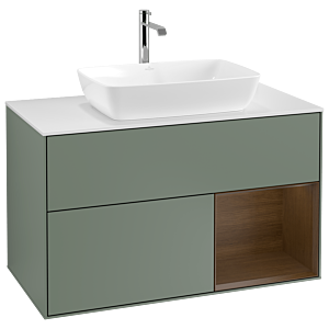 Villeroy und Boch Finion Waschtischunterschrank G781GNGM 100cm, Abdeckplatte white matt, Emotion, Regale Walnut Veneer, Olive Matt Lacquer
