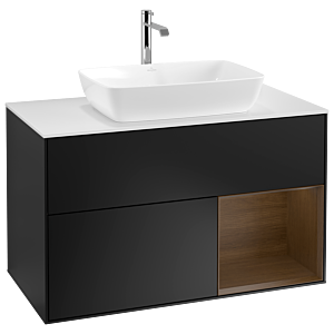 Villeroy und Boch Finion Waschtischunterschrank G781GNPD 100cm, Abdeckplatte white matt, Emotion, Regale Walnut Veneer, Black matt lacquer