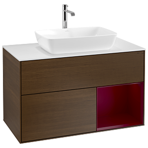 Villeroy und Boch Finion Waschtischunterschrank G781HBGN 100cm, Abdeckplatte white matt, Emotion, Regale Peony matt lacquer, Walnut veneer