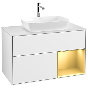 Villeroy et Boch Finion Villeroy et Boch G781HFGF 100cm, plaque de recouvrement blanc mat, Emotion, étagères laqué or mat, laqué blanc brillant