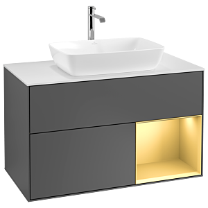 Villeroy und Boch Finion Waschtischunterschrank G781HFGK 100cm, Abdeckplatte white matt, Emotion, Regale Gold matt lacquer, Anthracite matt