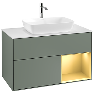 Villeroy und Boch Finion Waschtischunterschrank G781HFGM 100cm, Abdeckplatte white matt, Emotion, Regale Gold matt lacquer, Olive Matt Lacquer
