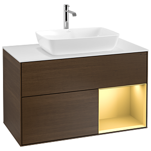 Villeroy und Boch Finion Waschtischunterschrank G781HFGN 100cm, Abdeckplatte white matt, Emotion, Regale Gold matt lacquer, Walnut veneer