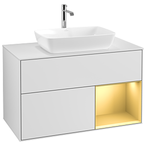 Villeroy und Boch Finion Waschtischunterschrank G781HFMT 100cm, Abdeckplatte white matt, Emotion, Regale Gold matt lacquer, White matt lacquer