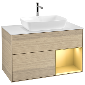 Villeroy und Boch Finion Waschtischunterschrank G781HFPC 100cm, Abdeckplatte white matt, Emotion, Regale Gold matt lacquer, Oak Veneer