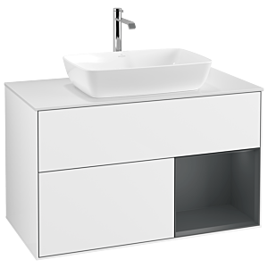 Villeroy und Boch Finion Waschtischunterschrank G781HGGF 100cm, Abdeckplatte white matt, Emotion, Regale Midnight matt lacquer, Glossy white lacquer