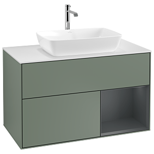 Villeroy und Boch Finion Waschtischunterschrank G781HGGM 100cm, Abdeckplatte white matt, Emotion, Regale Midnight matt lacquer, Olive Matt Lacquer