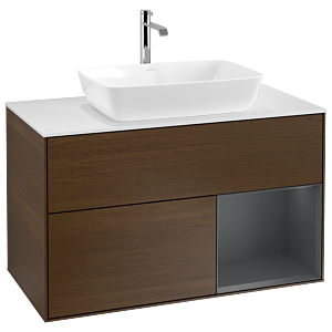 Villeroy und Boch Finion Waschtischunterschrank G781HGGN 100cm, Abdeckplatte white matt, Emotion, Regale Midnight matt lacquer, Walnut veneer