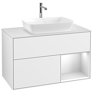 Villeroy et Boch Finion Villeroy et Boch G781MTGF 100cm, plaque de recouvrement blanc mat, Emotion, étagères laqué blanc mat, laqué blanc brillant