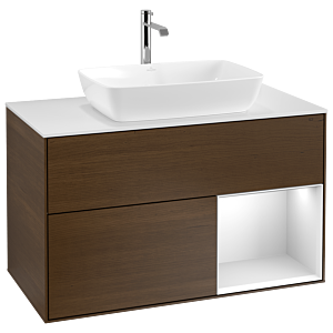 Villeroy und Boch Finion Waschtischunterschrank G781MTGN 100cm, Abdeckplatte white matt, Emotion, Regale White matt lacquer, Walnut veneer