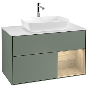 Villeroy und Boch Finion Waschtischunterschrank G781PCGM 100cm, Abdeckplatte white matt, Emotion, Regale Oak Veneer, Olive Matt Lacquer