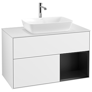 Villeroy et Boch Finion Villeroy et Boch G781PDGF 100cm, plaque de recouvrement blanc mat, Emotion, étagères laqué noir mat, laqué blanc brillant