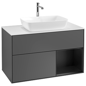 Villeroy und Boch Finion Waschtischunterschrank G781PDGK 100cm, Abdeckplatte white matt, Emotion, Regale Black matt lacquer, Anthracite matt