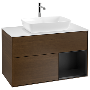Villeroy und Boch Finion Waschtischunterschrank G781PDGN 100cm, Abdeckplatte white matt, Emotion, Regale Black matt lacquer, Walnut veneer