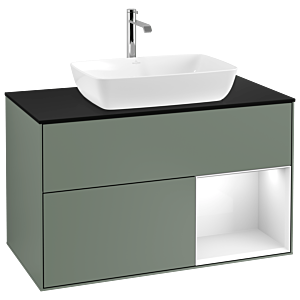 Villeroy und Boch Finion Waschtischunterschrank G782GFGM 100cm, Abdeckplatte black matt, Emotion, Regale Glossy white lacquer, Olive Matt Lacquer