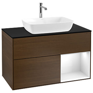 Villeroy und Boch Finion Waschtischunterschrank G782GFGN 100cm, Abdeckplatte black matt, Emotion, Regale Glossy white lacquer, Walnut veneer
