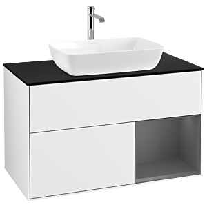 Villeroy und Boch Finion Waschtischunterschrank G782GKGF 100cm, Abdeckplatte black matt, Emotion, Regale Anthracite matt lacquer, Glossy white lacquer