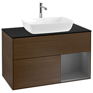 Villeroy und Boch Finion Waschtischunterschrank G782GKGN 100cm, Abdeckplatte black matt, Emotion, Regale Anthracite matt lacquer, Walnut veneer