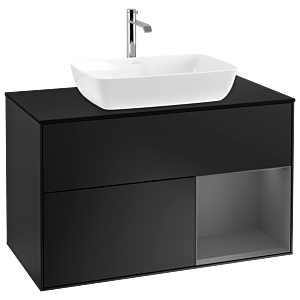 Villeroy und Boch Finion Waschtischunterschrank G782GKPD 100cm, Abdeckplatte black matt, Emotion, Regale Anthracite matt lacquer, Black matt lacquer