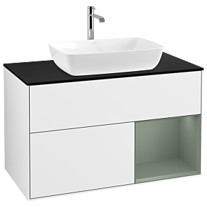 Villeroy und Boch Finion Waschtischunterschrank G782GMGF 100cm, Abdeckplatte black matt, Emotion, Regale Olive matt lacquer, Glossy white lacquer