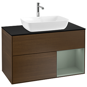 Villeroy und Boch Finion Waschtischunterschrank G782GMGN 100cm, Abdeckplatte black matt, Emotion, Regale Olive matt lacquer, Walnut veneer