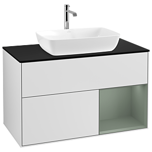Villeroy und Boch Finion Waschtischunterschrank G782GMMT 100cm, Abdeckplatte black matt, Emotion, Regale Olive matt lacquer, White matt lacquer