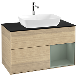 Villeroy und Boch Finion Waschtischunterschrank G782GMPC 100cm, Abdeckplatte black matt, Emotion, Regale Olive matt lacquer, Oak Veneer