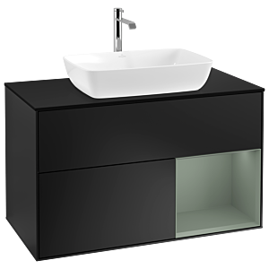 Villeroy und Boch Finion Waschtischunterschrank G782GMPD 100cm, Abdeckplatte black matt, Emotion, Regale Olive matt lacquer, Black matt lacquer