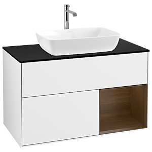 Villeroy und Boch Finion Waschtischunterschrank G782GNGF 100cm, Abdeckplatte black matt, Emotion, Regale Walnut Veneer, Glossy white lacquer