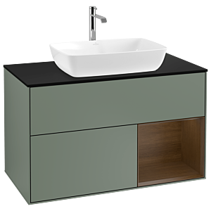 Villeroy und Boch Finion Waschtischunterschrank G782GNGM 100cm, Abdeckplatte black matt, Emotion, Regale Walnut Veneer, Olive Matt Lacquer