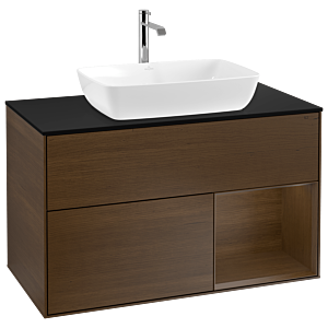 Villeroy und Boch Finion Waschtischunterschrank G782GNGN 100cm, Abdeckplatte black matt, Emotion, Regale Walnut Veneer, Walnut veneer
