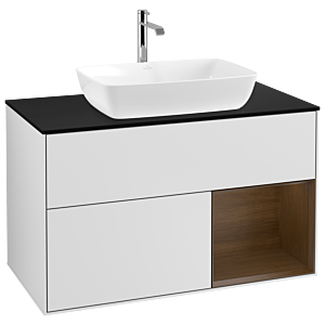 Villeroy und Boch Finion Waschtischunterschrank G782GNMT 100cm, Abdeckplatte black matt, Emotion, Regale Walnut Veneer, White matt lacquer