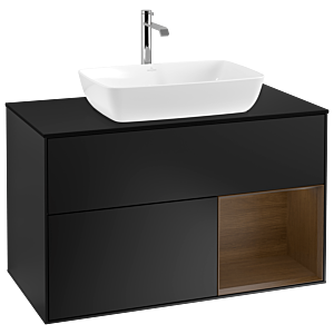 Villeroy und Boch Finion Waschtischunterschrank G782GNPD 100cm, Abdeckplatte black matt, Emotion, Regale Walnut Veneer, Black matt lacquer
